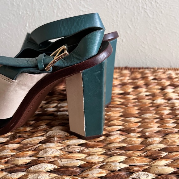 Tory Burch teal green white cream Colorblock Heel geometric sandal sling back 8 - Picture 5 of 10